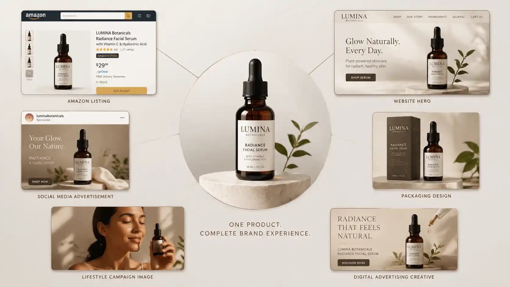 Brand marketing collage for "LUMINA Botanicals Radiance Facial Serum with Vitamin C & Hyaluronic Acid," featuring Amazon listing details ($29.99, 4.6/1,207 ratings, FREE Delivery, In Stock), product claims, social media ad, lifestyle campaign image, packaging design, and website hero with "SHOP NOW" calls-to-action, arranged in a dense multi-platform promotional layout.