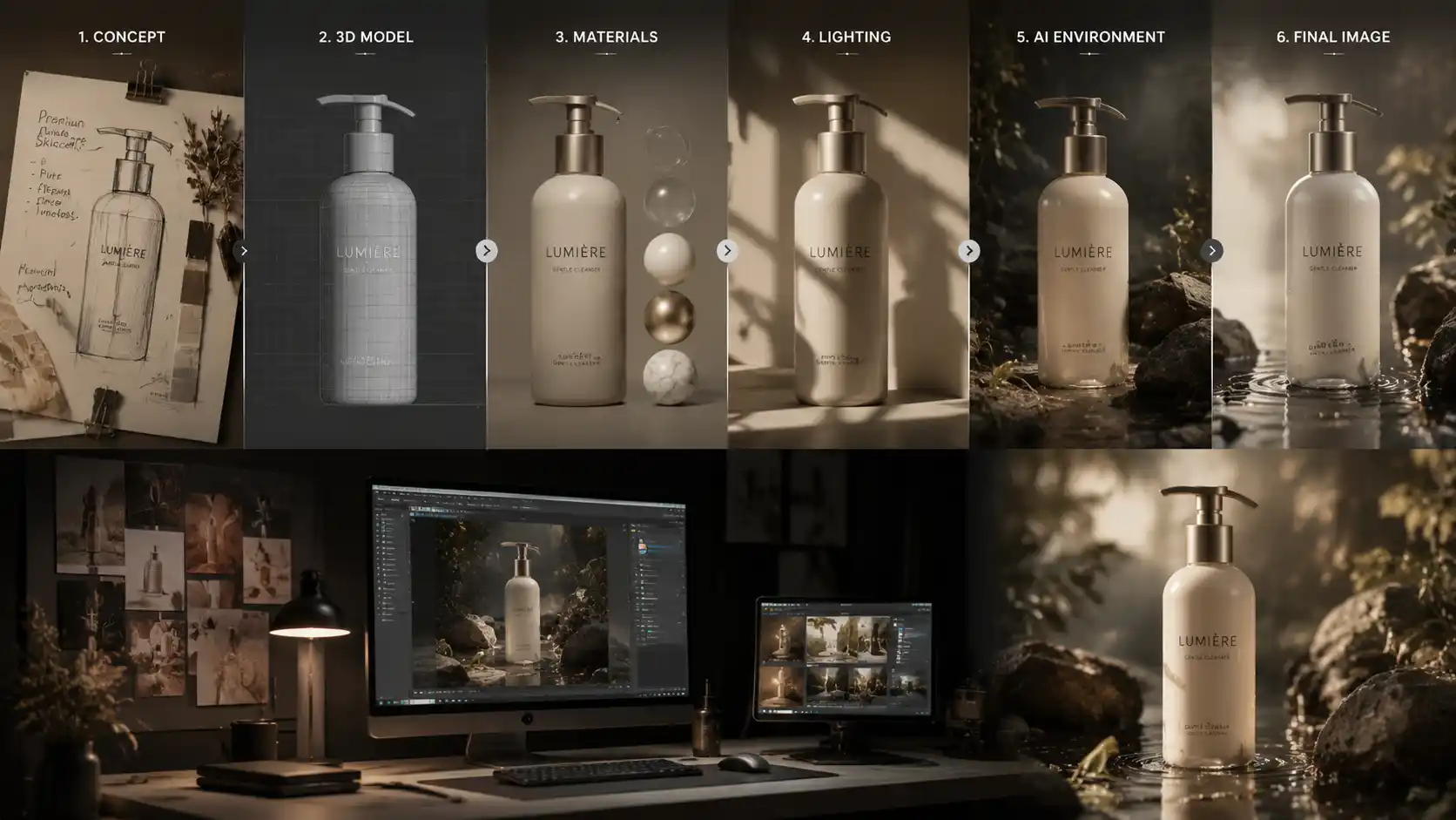 Six-panel product design collage showing a “LUMIÈRE” pump bottle from concept sketch and 3D model to materials, lighting, environment, and final image.