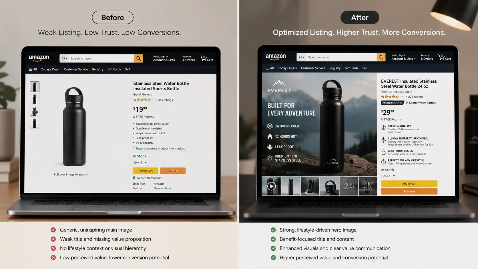 Promotional graphic for "Before & After" Amazon listing comparison, featuring a "Weak Listing" (Generic brand, $19.99, 1,203 ratings, basic image) versus "Strong Listing" (EVEREST brand, $29.99, 4,821 ratings, lifestyle hero image, benefit-focused title, leak-proof design, and enhanced visuals), with key differences highlighted (generic/uninspiring vs. strong/lifestyle-driven, low perceived value vs. higher perceived value) arranged in a dense side-by-side comparison layout.