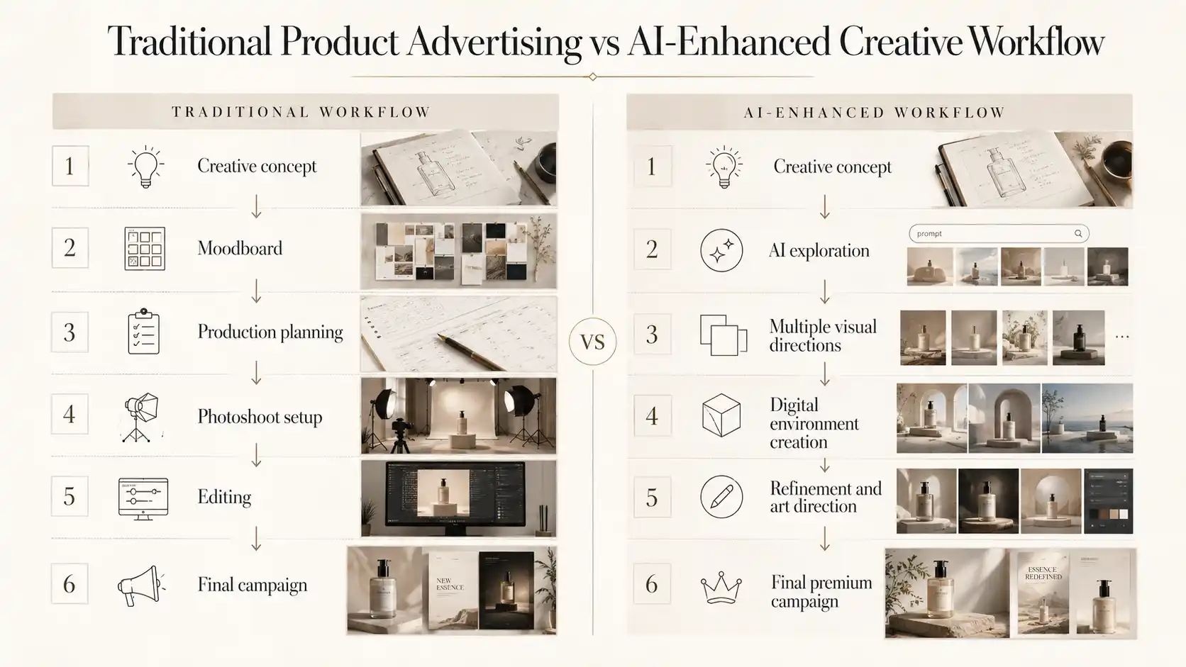 Promotional graphic comparing "Traditional Product Advertising" workflow (Creative concept, Moodboard, Production planning, Photoshop setup, Editing, Final campaign) versus "AI-Enhanced Creative Workflow" (Creative concept, AI exploration, Multiple visual directions, Digital environment creation, Refinement and art direction, Final premium campaign) arranged in a side-by-side stacked comparison layout.