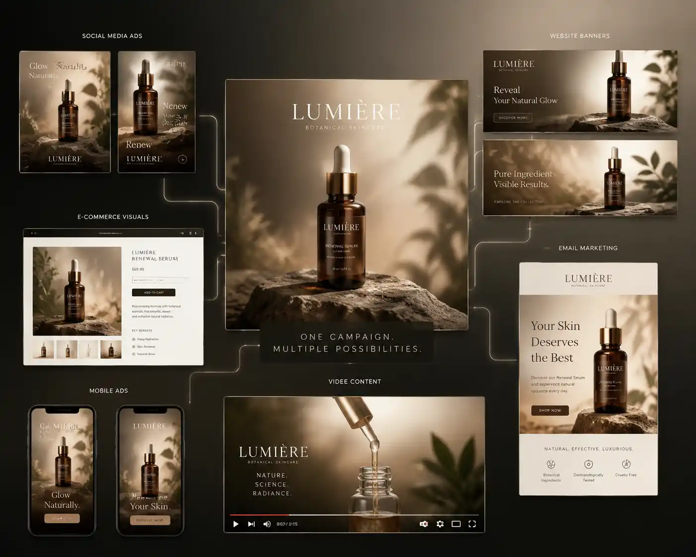 Brand marketing collage for "LUMIÈRE" skincare featuring social media ads ("Glow Naturally," "Renew"), e-commerce visuals ($69.00 Renewal Serum, Add to Cart), mobile ads, video content, website banners (Detoxifying Lotion), email marketing, and key claims (Botanical Ingredients, Dermatologically Tested, Cruelty-Free) with "ONE CAMPAIGN. MULTIPLE POSSIBILITIES." arranged in a dense multi-platform promotional layout.
