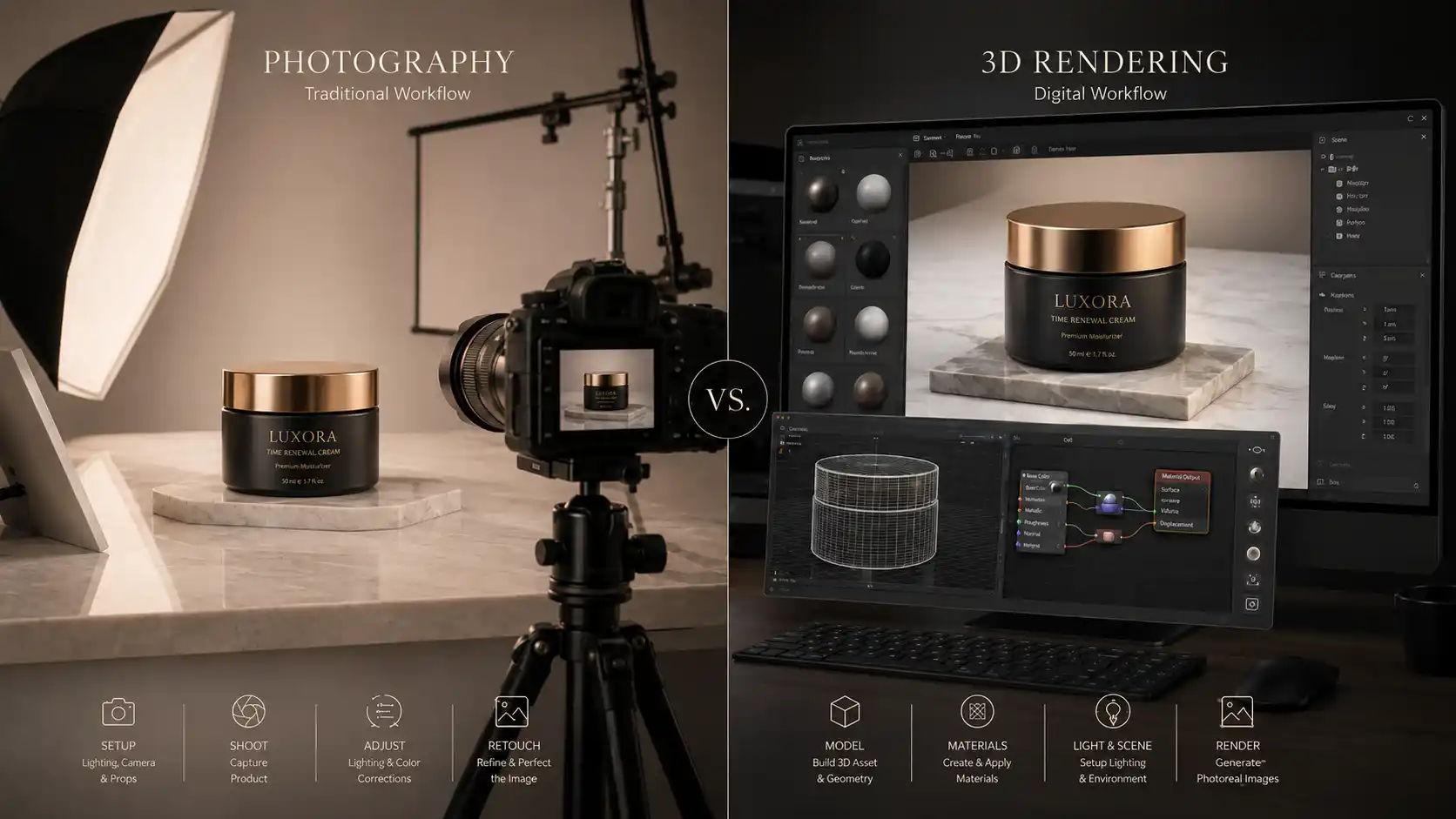 Promotional graphic comparing "PHOTOGRAPHY" and "3D RENDERING" workflows for "LUXORA THE RENEWAL CREAM," featuring traditional steps (Setup, Shoot, Adjust, Retouch) versus digital steps (Model, Materials, Light & Scene, Render), with detailed sub-steps arranged in a side-by-side comparison layout.