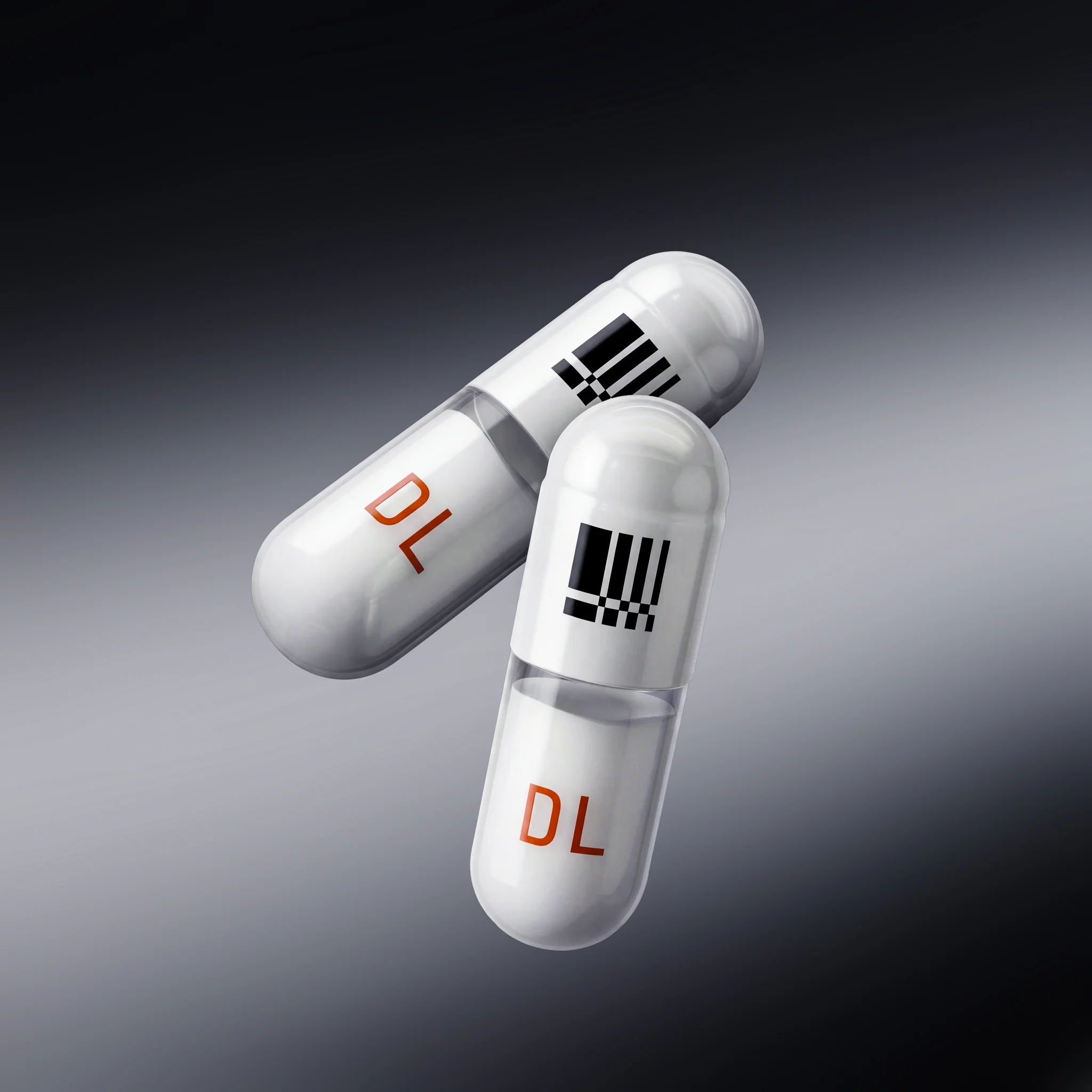 Two white DL capsules with black barcode-like markings float against a dark gradient background, creating a clean, clinical tone.