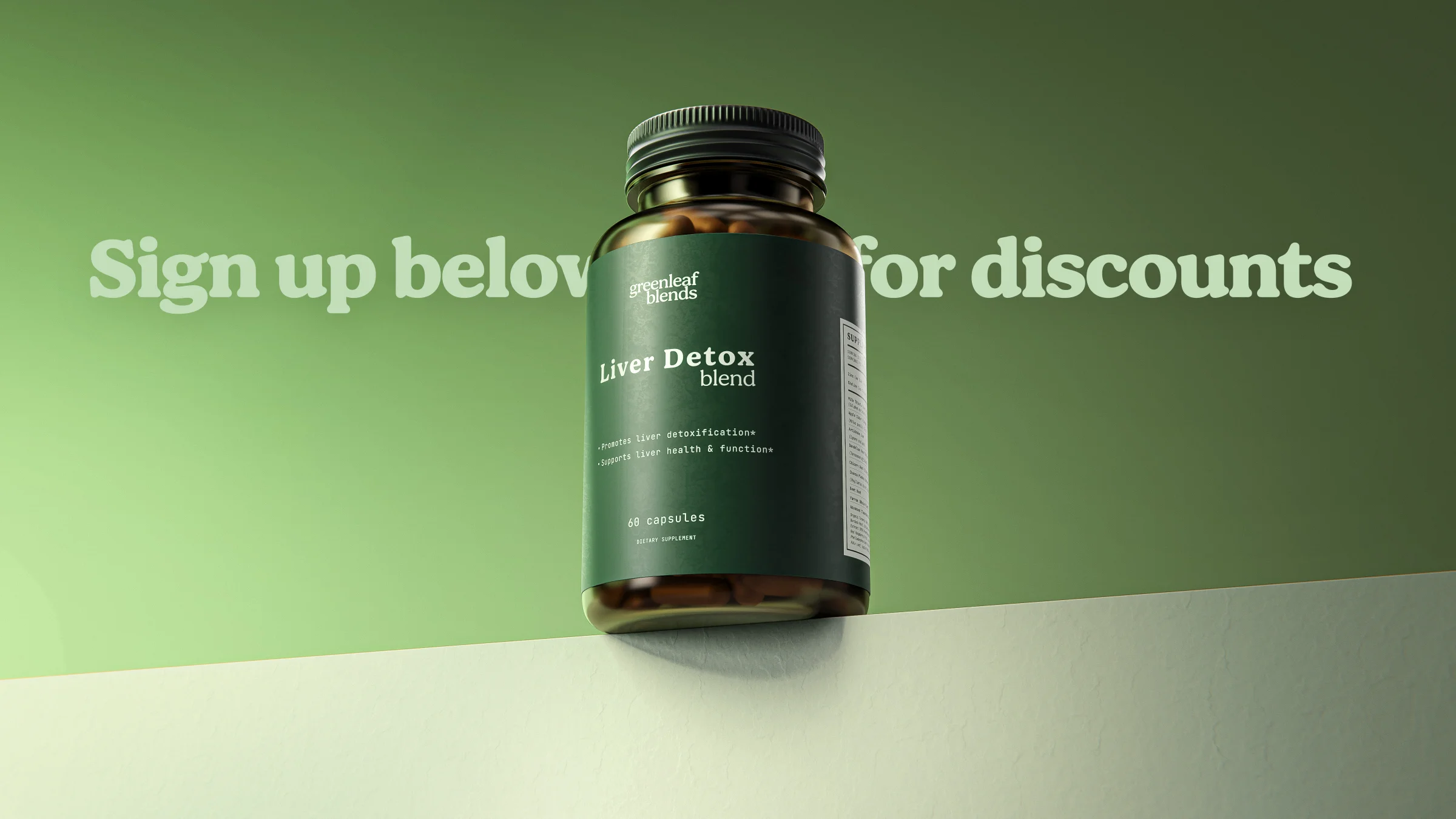 Promotional graphic or product packaging for "Liver Detox blend," featuring "Sign up below for discounts" call-to-action and "60 capsules" details in a clean stacked layout.