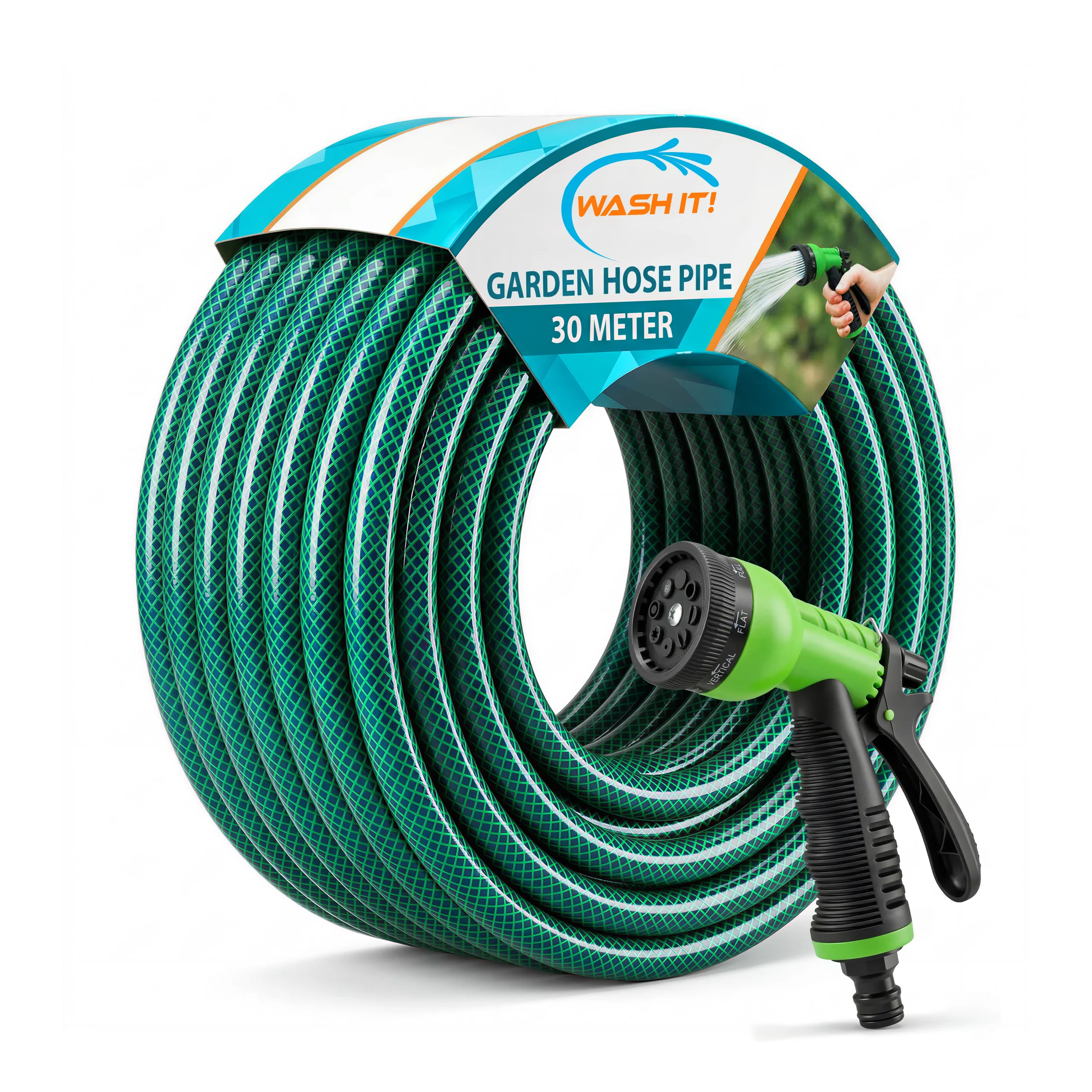 Product packaging for "WASHIT! GARDEN HOSE PIPE" featuring "30 METER" details in a clean stacked layout.