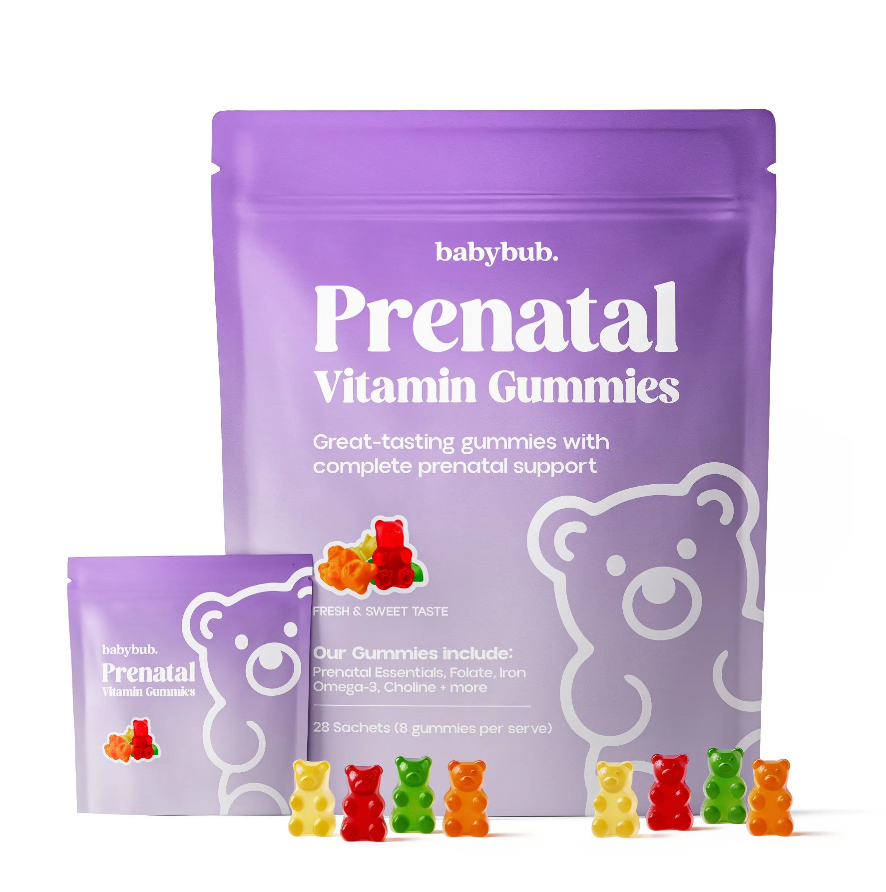 Product packaging for "babybub." Prenatal Vitamin Gummies, featuring "Great-tasting gummies with complete prenatal support," "FRESH & SWEET TASTE," "Our Gummies include: Prenatal Essentials, Folate, Iron, Omega-3, Choline + more," and "28 Sachets (8 gummies per serve)" details, arranged in a clean informational layout.