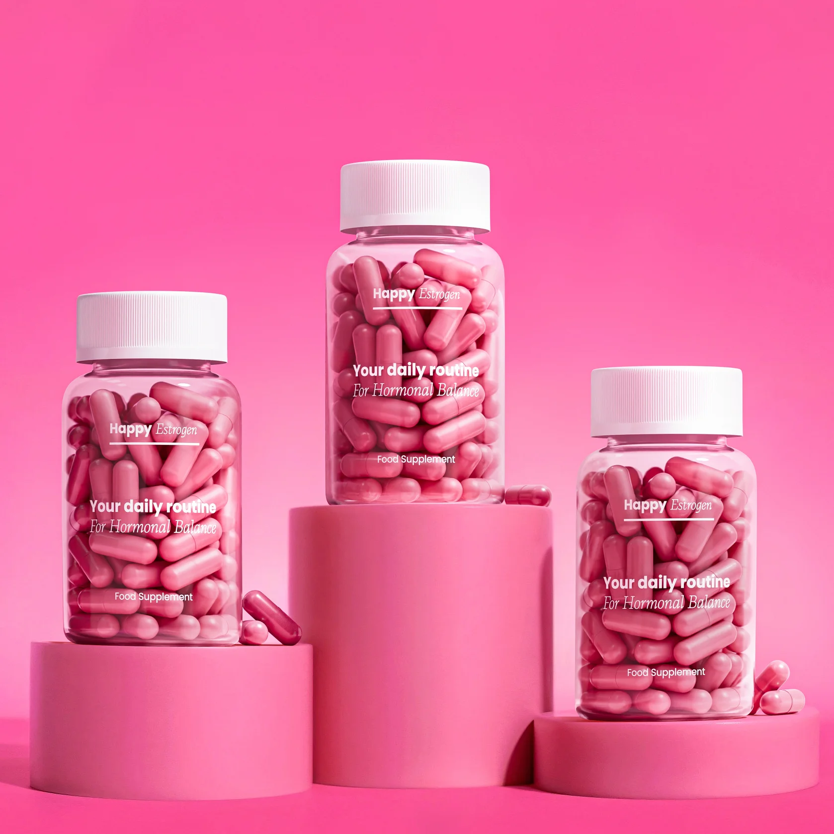 Product packaging collage for "Happy Estrogen" featuring repeated "Your daily routine," "For Hormonal Balance," and "Food Supplement" details arranged in a dense multi-product stacked layout.