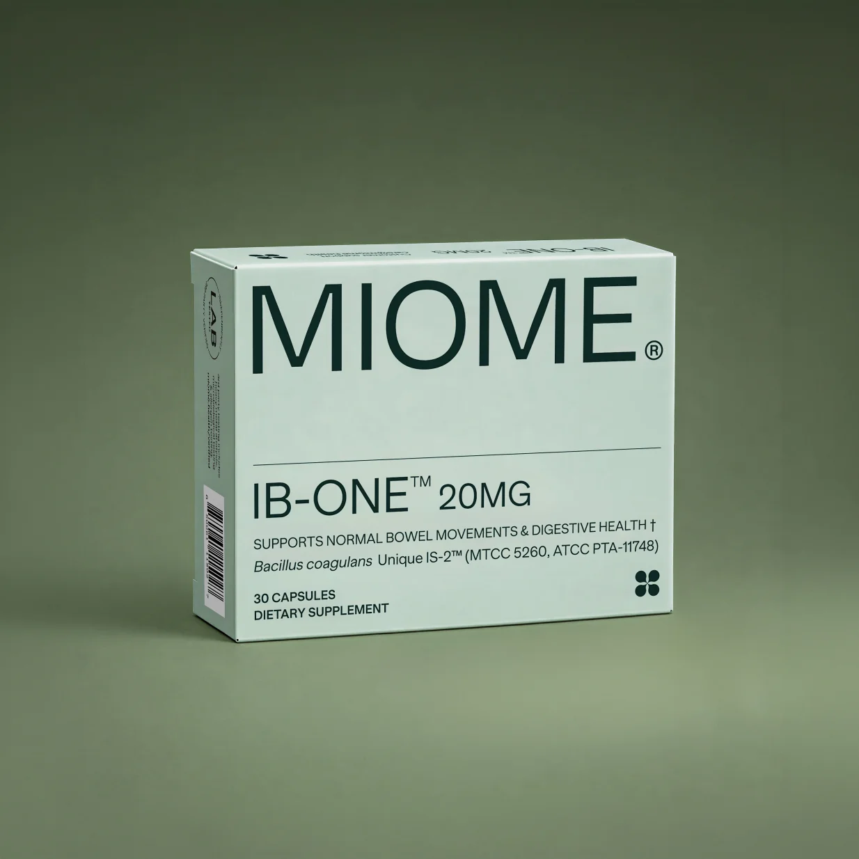 Product packaging for "MIOME IB-ONE 20MG," featuring "SUPPORTS NORMAL BOWEL MOVEMENTS & DIGESTIVE HEALTH," "Bacillus coagulans Unique IS-2 (MTCC 5260, ATCC PTA-11748)," "30 CAPSULES," and "DIETARY SUPPLEMENT" details in a clean stacked layout.
