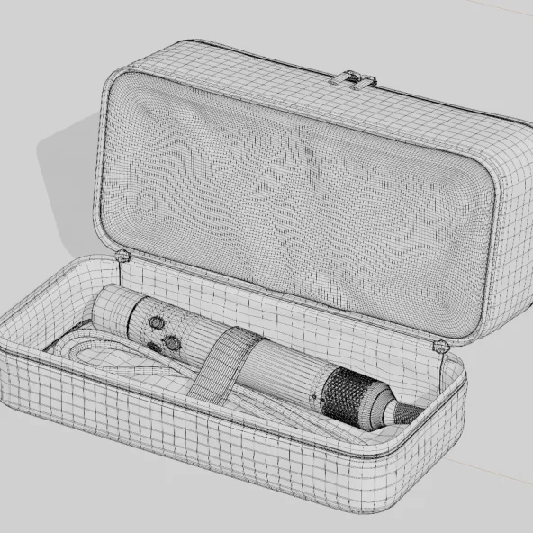 Wireframe sketch of an open rectangular zippered case containing a cylindrical toiletry item, rendered in soft gray tones with a calm, technical feel.