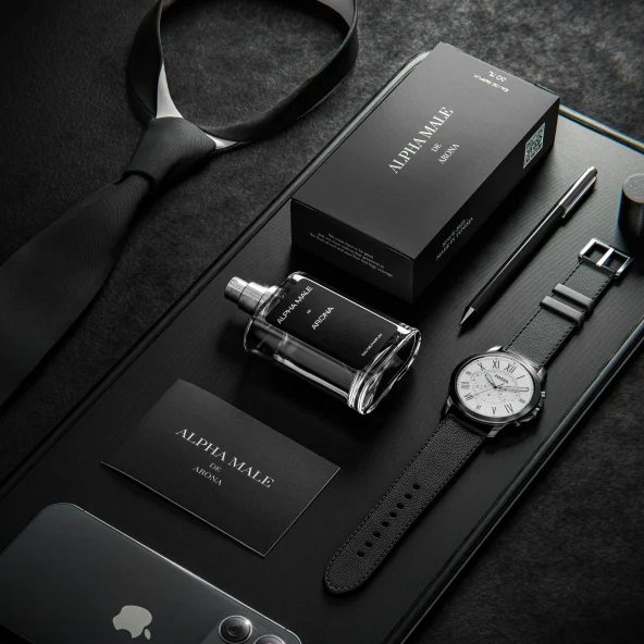 Luxury perfume bottle and packaging arranged with sophisticated black accessories.
