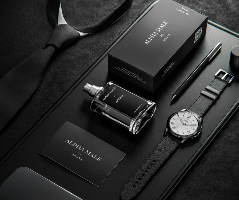 Luxury perfume bottle and packaging arranged with sophisticated black accessories.
