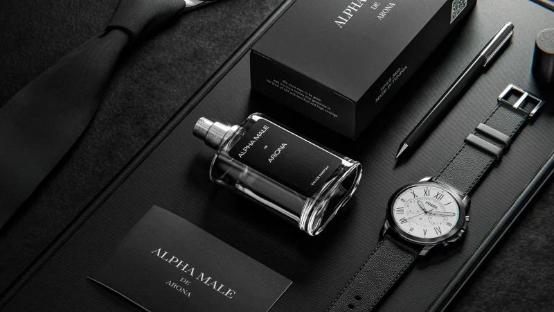 Luxury perfume bottle and packaging arranged with sophisticated black accessories.