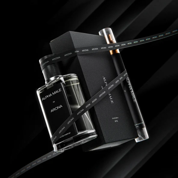 Luxury Alpha Male Arona fragrance set with glass perfume bottle, black gift box, and spray vial on a dark, dramatic background.