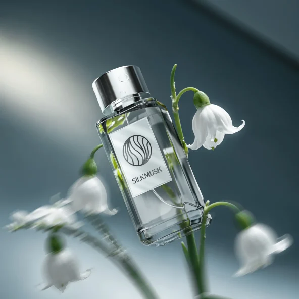A clear SilkMusk perfume bottle with silver cap rests among white bell-shaped flowers, softly lit against a dark blue background, serene.