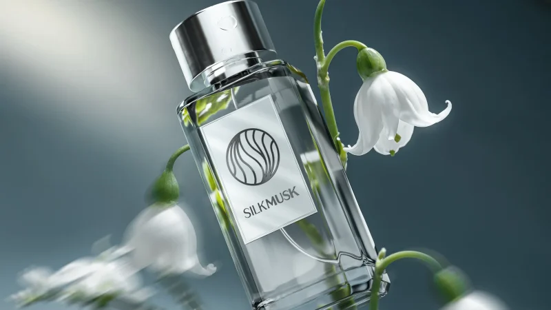 A clear SilkMusk perfume bottle with silver cap rests among white bell-shaped flowers, softly lit against a dark blue background, serene.
