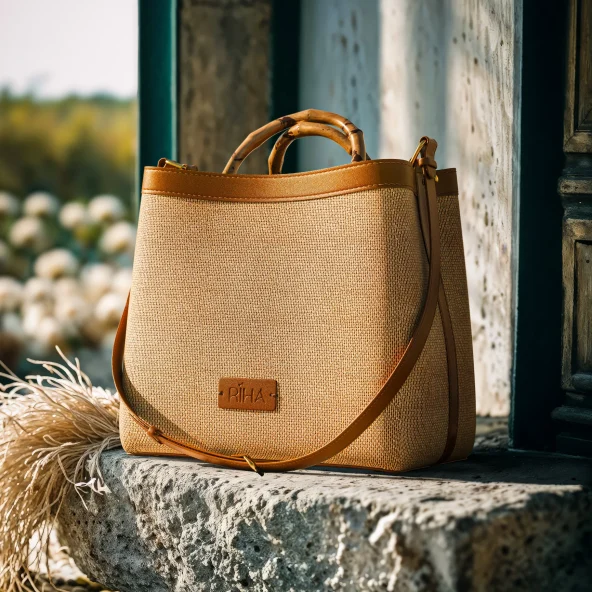 Woven tan jute handbag with leather trim and shoulder strap rests on a rustic stone windowsill, warmly lit against a blurred garden.