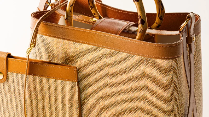 Woven straw handbag with tan leather trim, bamboo handles, front pocket, and side strap; warm, stylish design on a neutral background.