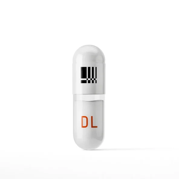 Minimalist product image of a white capsule standing upright, marked with a black geometric logo and orange “DL,” on a clean white background.