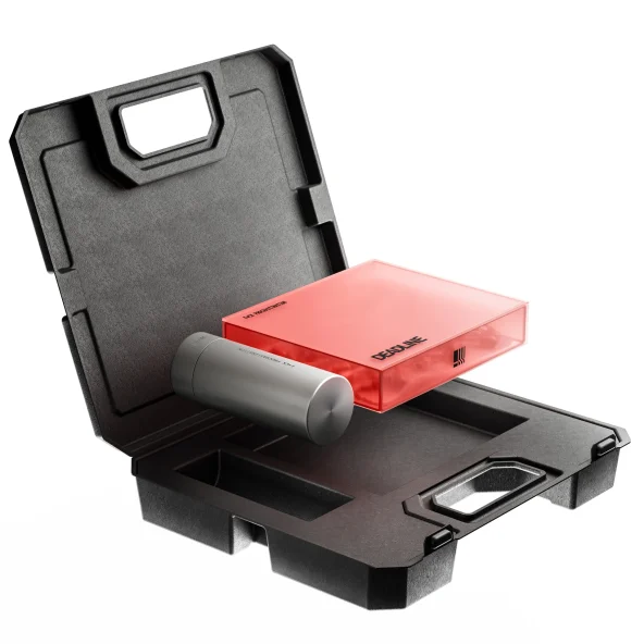 Open black protective carrying case displaying a red rectangular device and silver cylinder, with molded compartments and sturdy handles.