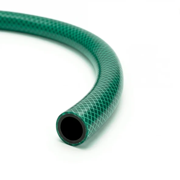 Close-up of a green reinforced garden hose curving across a white background, with its open black interior visible; clean product-photo style.