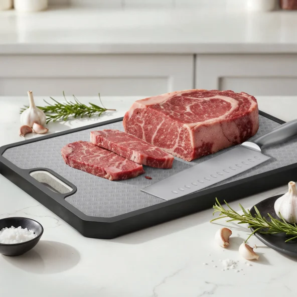 Raw marbled beef steak and sliced cuts rest on a cutting board with garlic, rosemary, and salt in a bright kitchen; an appetizing scene.