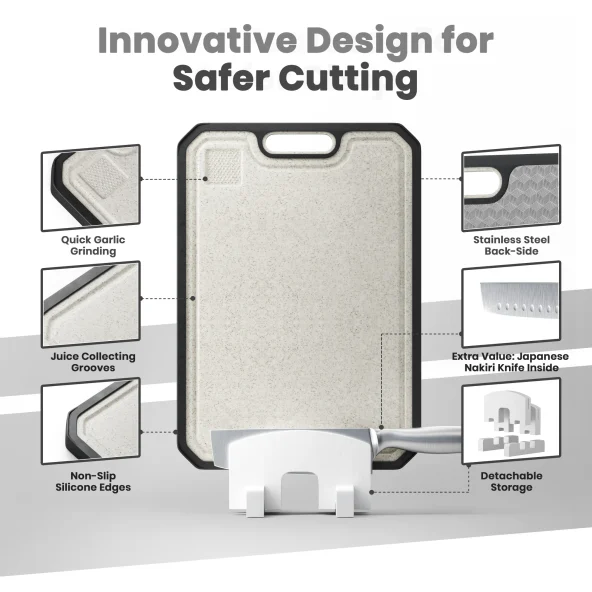 Product packaging or promotional graphic for a cutting board, featuring 