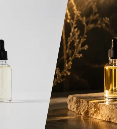 Split image of two dropper bottles: a clear serum on a white background and golden oil on stone, contrasting cool simplicity with warm luxury.