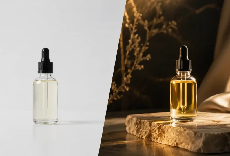 Split image of two dropper bottles: a clear serum on a white background and golden oil on stone, contrasting cool simplicity with warm luxury.
