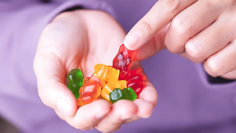 A pair of hands holds colorful gummy candies, with a purple shirt in the background.