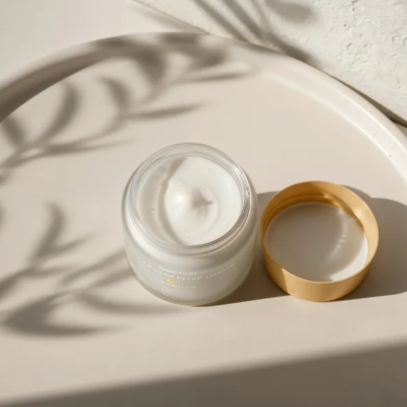 Open jar of white skincare cream beside its gold lid on a sunlit surface, with soft plant shadows creating a calm, minimalist beauty scene.