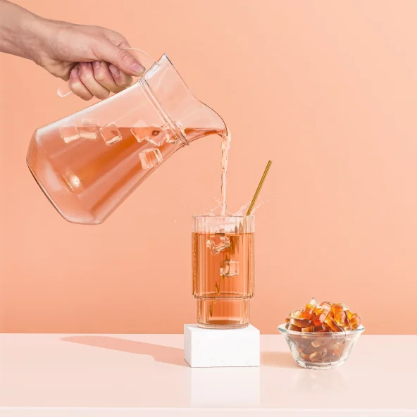 A hand pours orange drink from a glass pitcher into a tall ribbed glass with ice and a gold straw, beside a small bowl of ice cubes on a white surface.