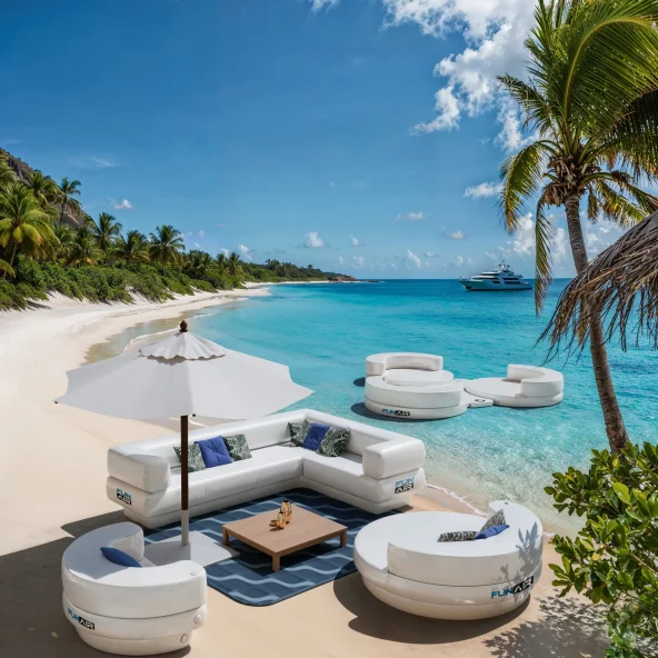 Luxury beach lounge with white sofas, umbrellas, and a table on sandy shore beside turquoise water, palms, and a bright blue sky.