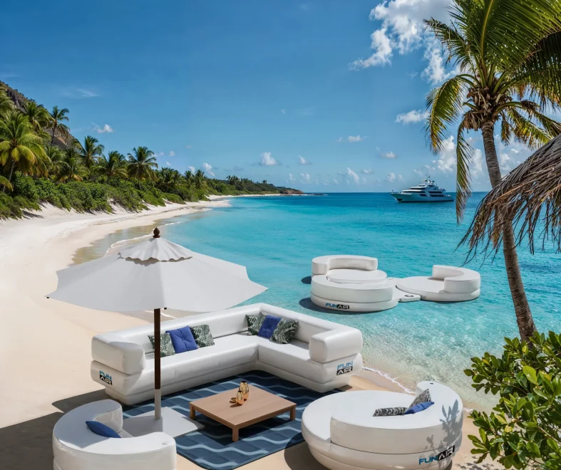 Luxury beach lounge with white sofas, umbrellas, and a table on sandy shore beside turquoise water, palms, and a bright blue sky.