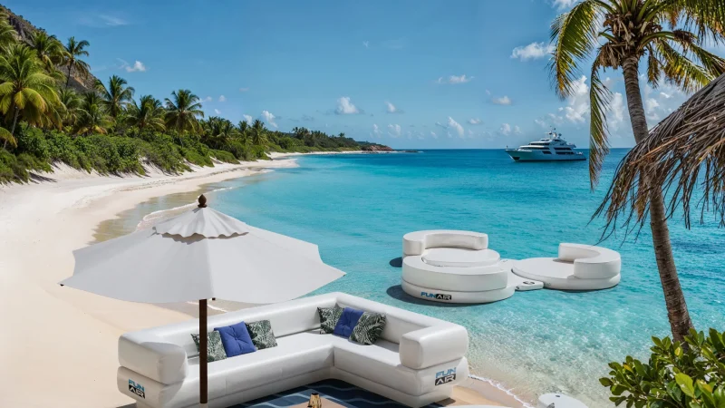 Luxury beach lounge with white sofas, umbrellas, and a table on sandy shore beside turquoise water, palms, and a bright blue sky.