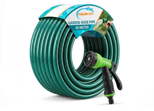 Large green coiled garden hose with black-and-green spray nozzle, labeled “Wash It! Garden Hose Pipe 30 Meter,” on a white background.
