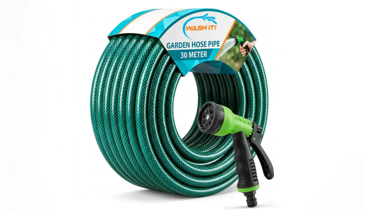 Large green coiled garden hose with black-and-green spray nozzle, labeled “Wash It! Garden Hose Pipe 30 Meter,” on a white background.