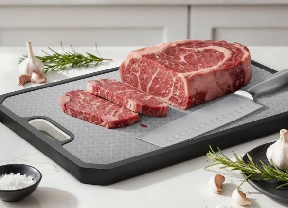 Raw marbled beef steak and sliced cuts rest on a black cutting board with a chef’s knife, garlic, rosemary, and salt nearby.