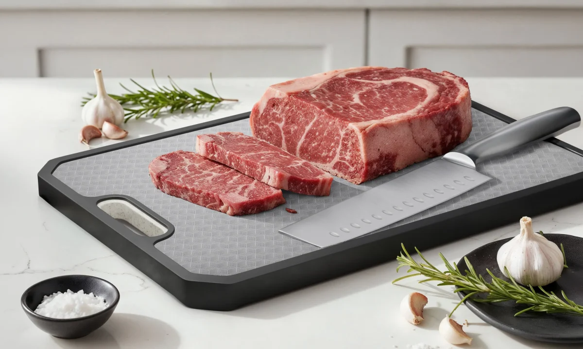 Raw marbled beef steak and sliced cuts rest on a black cutting board with a chef’s knife, garlic, rosemary, and salt nearby.