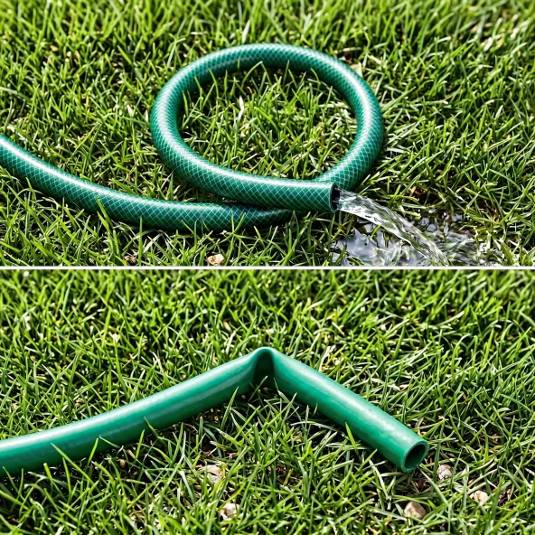Split image of a green garden hose on grass: the top sprays water from its end, while the bottom shows a sharply bent, kinked hose.