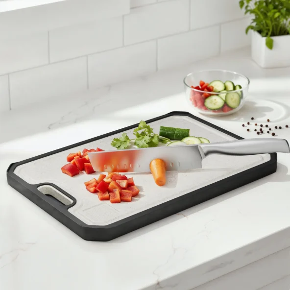 Bright kitchen counter with a black-edged cutting board, chef’s knife, chopped carrots and cucumbers, salad bowl, and potted plant.