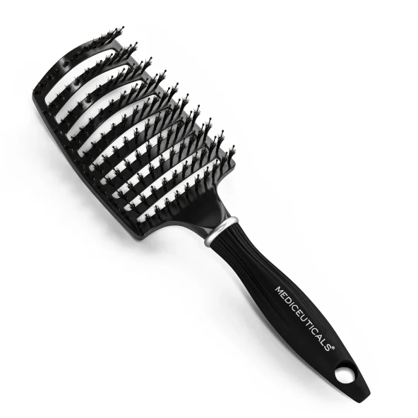 Black vented hairbrush with curved bristles and ergonomic handle labeled “MEDICUTICALS,” isolated on a white background; sleek grooming tool.