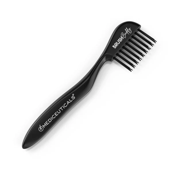 Black Medicals Cosmetics detangling brush with wide-spaced bristles, angled diagonally on a white background; sleek, professional design.