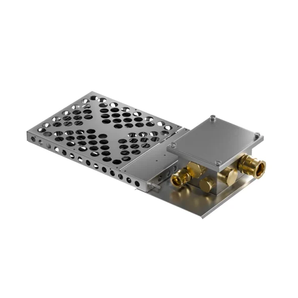 Metallic RF microwave component with a perforated rectangular plate, covered housing, and gold coaxial connectors, shown on white background.