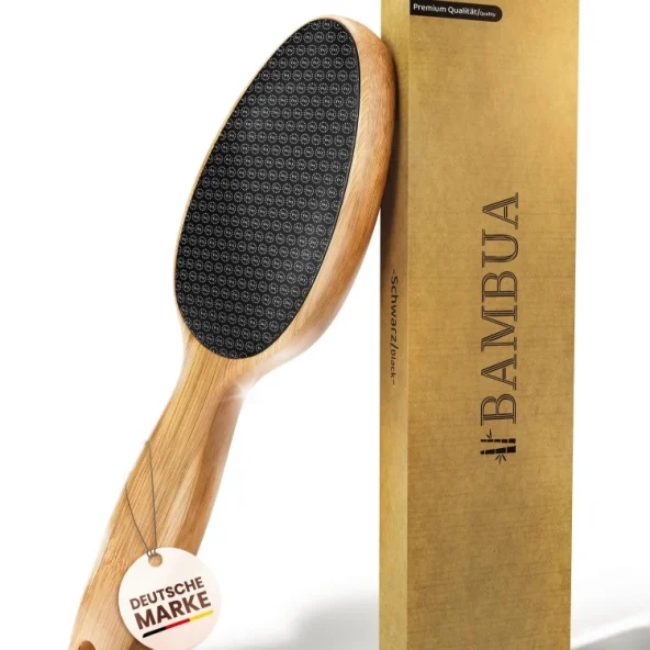Wooden BAMBULA hairbrush with black textured bristles beside its eco-friendly cardboard box, conveying natural, sustainable personal care.