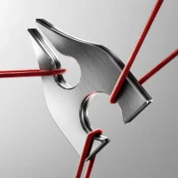 Brushed metal triangular plate with curved cutouts, threaded by taut red cords against a gray background, suggesting tension and precision.