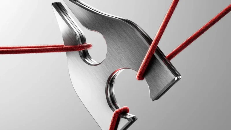 Brushed metal triangular plate with curved cutouts, threaded by taut red cords against a gray background, suggesting tension and precision.